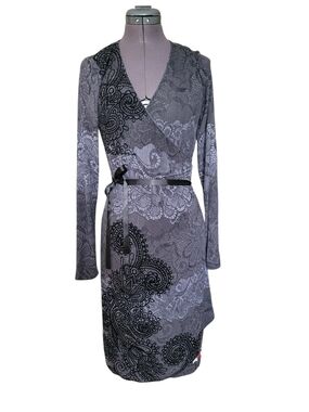 Desigual Black and Gray Printed Faux Wrap-Style Long Sleeve Dress Velvet Aplique